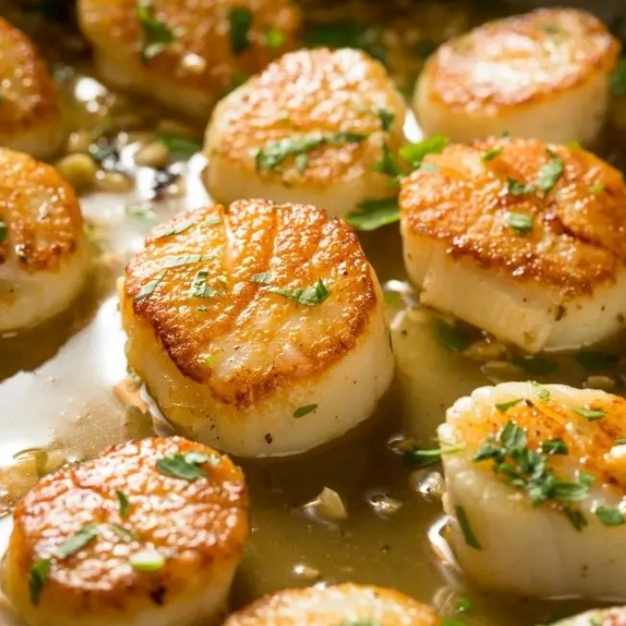 Seared scallops with a golden brown crust on a bed of butter and herbs.