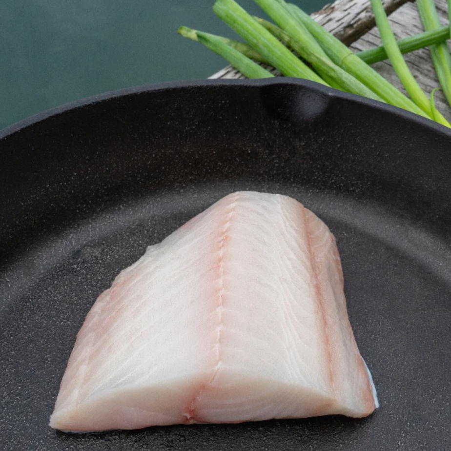 Raw fish fillet on a black pan with green onions and a teacup in the background.